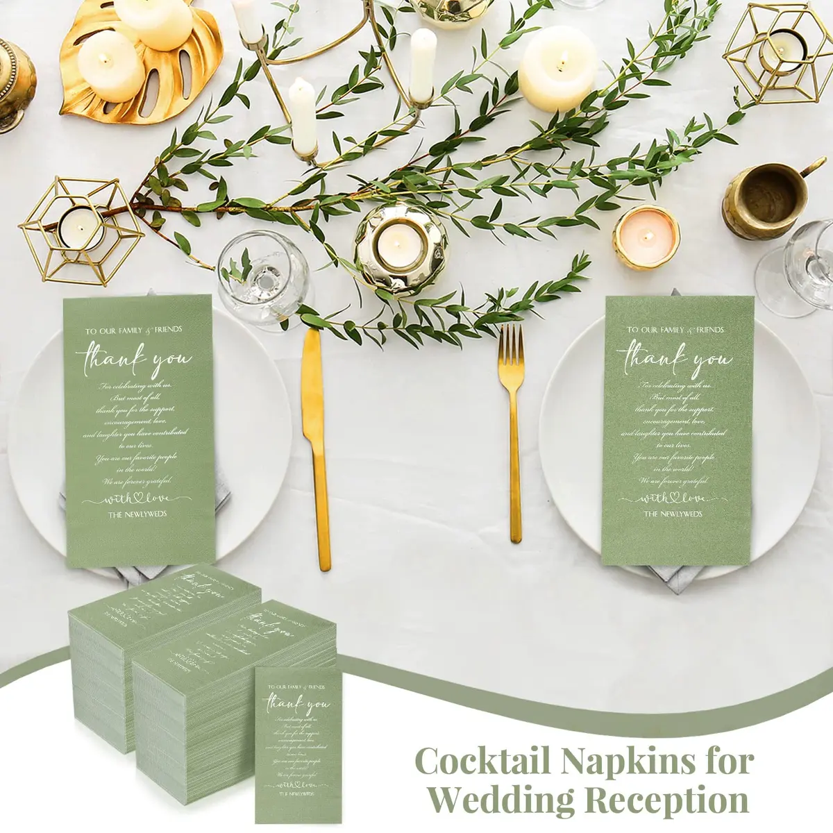 Fumete Thank You Wedding Napkins 3 Ply Sage Green | Elegant Disposable Cocktail Napkins for Weddings & Events - view 5