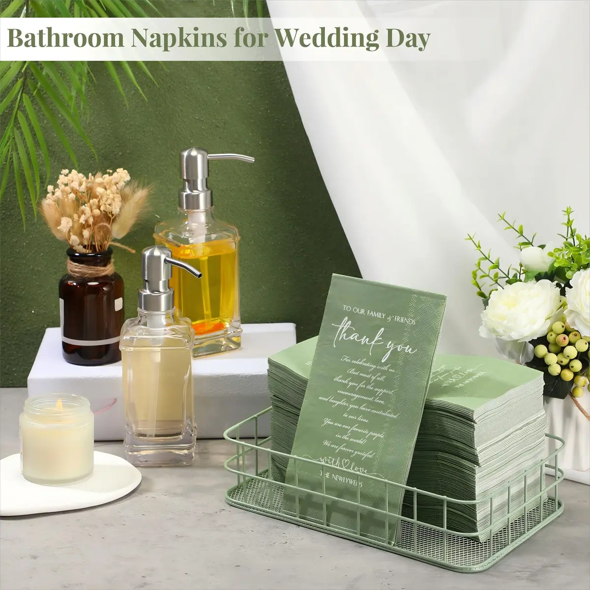 Fumete Thank You Wedding Napkins 3 Ply Sage Green | Elegant Disposable Cocktail Napkins for Weddings & Events - view 6