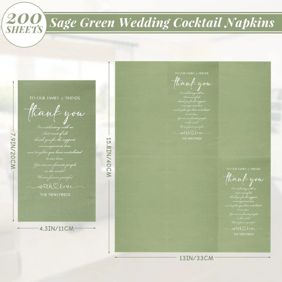 Fumete Thank You Wedding Napkins 3 Ply Sage Green | Elegant Disposable Cocktail Napkins for Weddings & Events - view 2