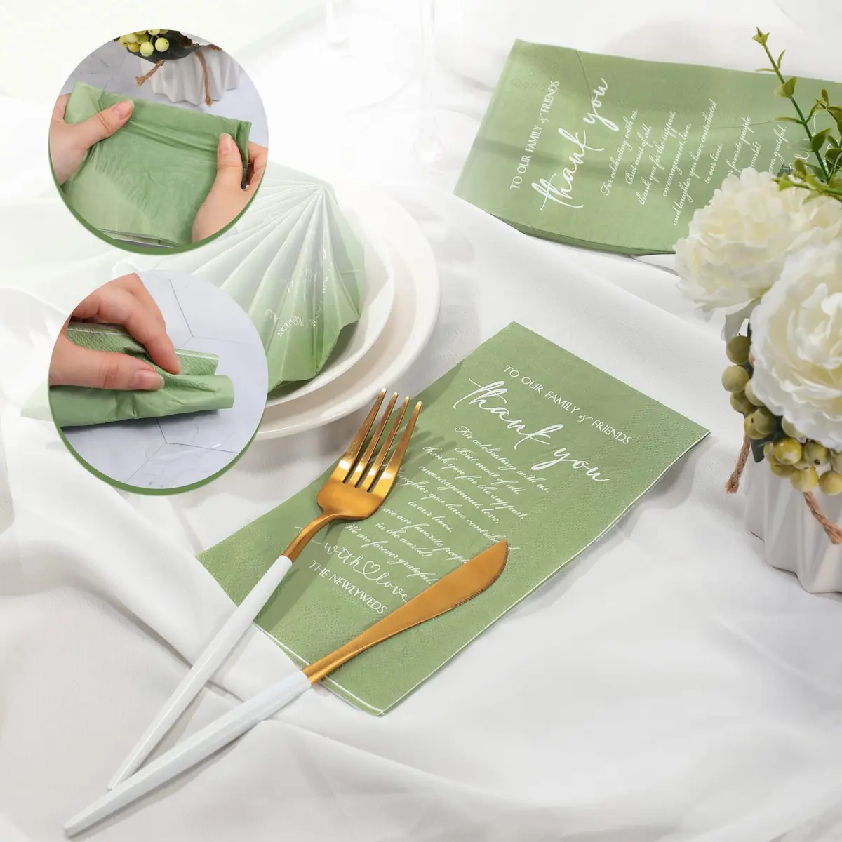 Fumete Thank You Wedding Napkins 3 Ply Sage Green | Elegant Disposable Cocktail Napkins for Weddings & Events - view 4