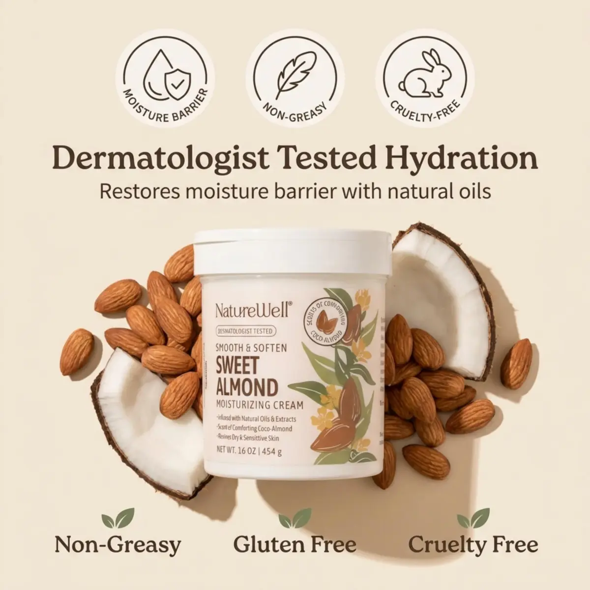 NATURE WELL Sweet Almond Body Cream 473ml (16 Oz) | Deep Hydration for Dry, Sensitive Skin - view 2