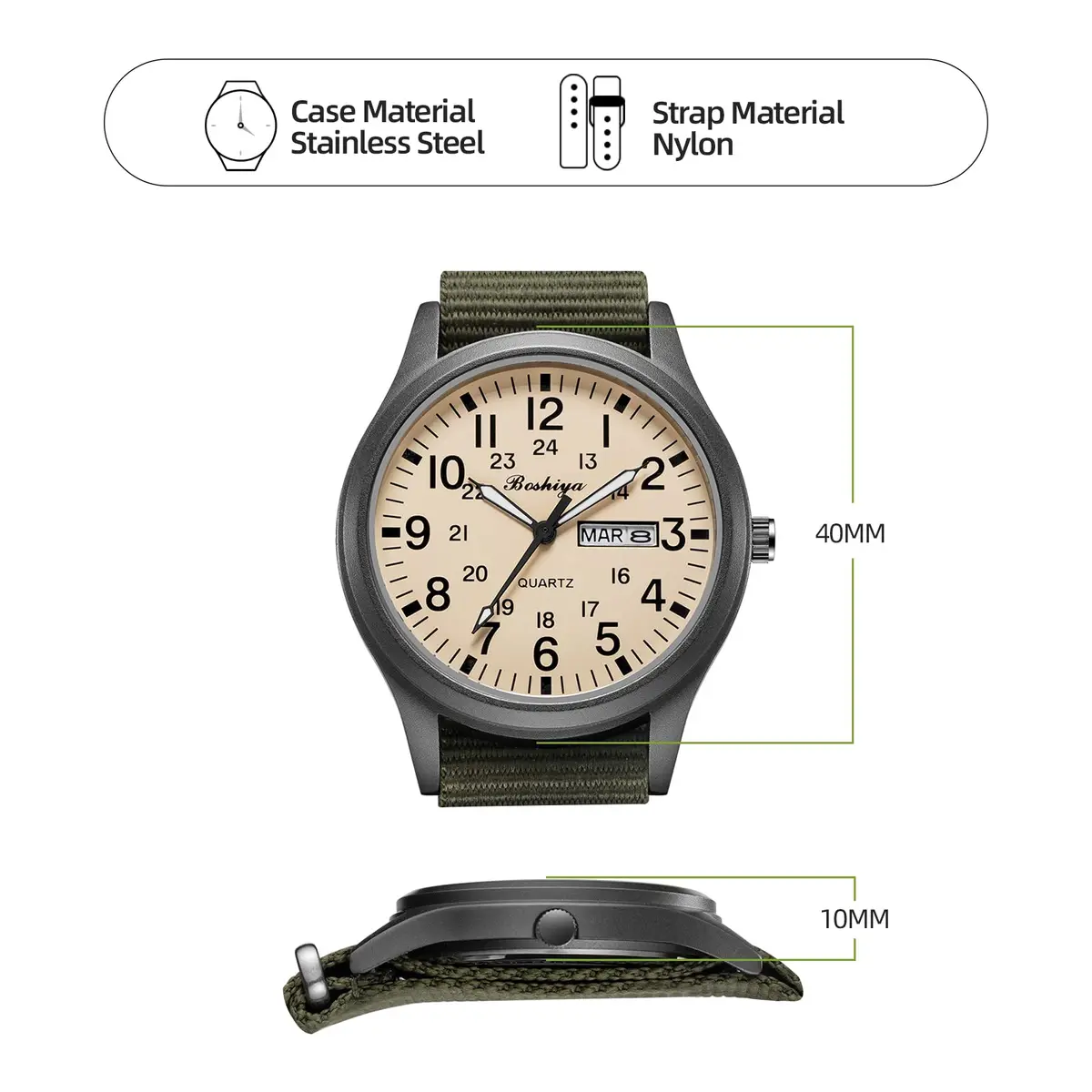 BOSHIYA Men's Tactical Field Quartz Watch 40mm Calendar | Japanese Movement, Water Resistant - view 4