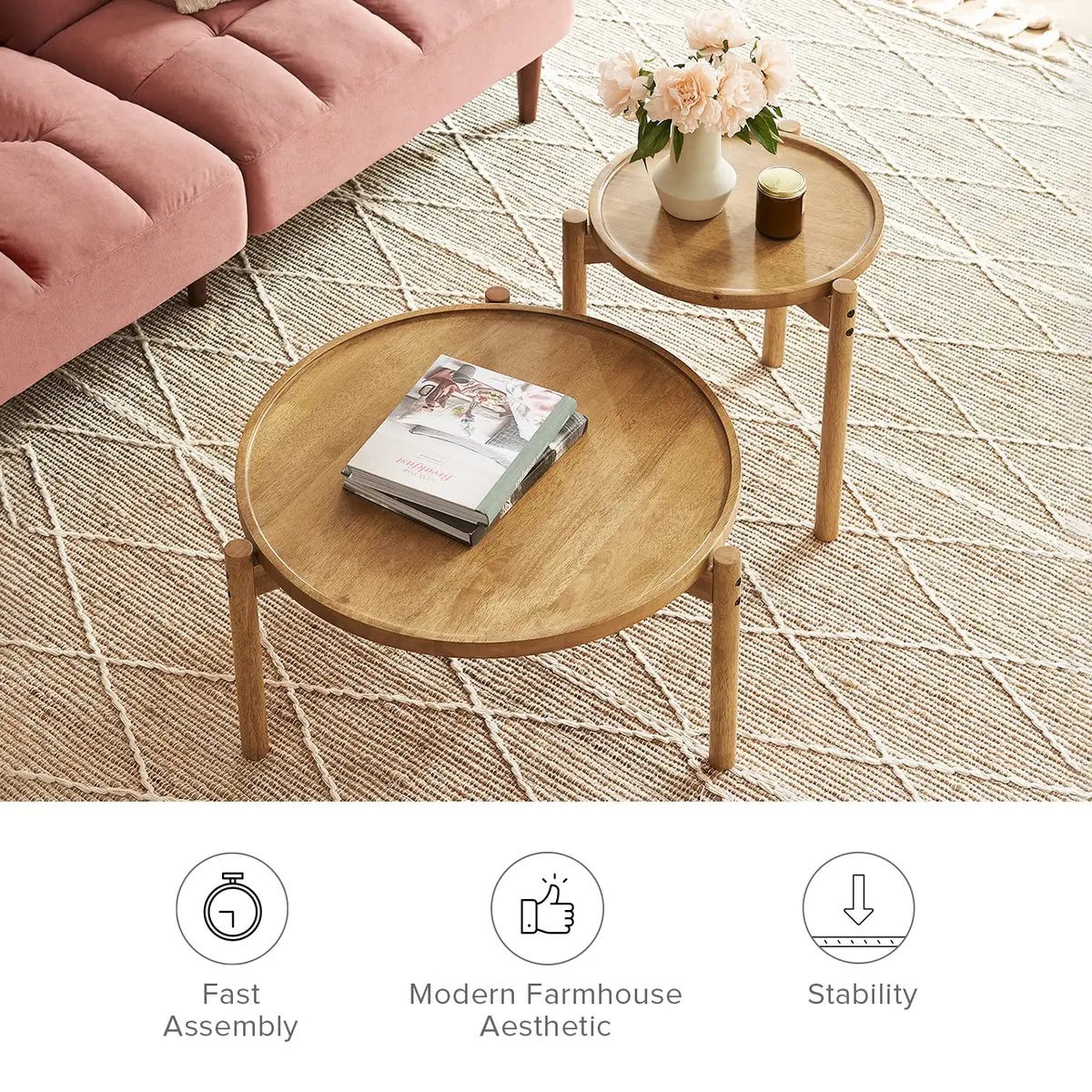 mopio Dylan Solid Wood Nesting Coffee Table Set (Mango Wood Oak, Round) | Modern Rustic Farmhouse Style - view 5