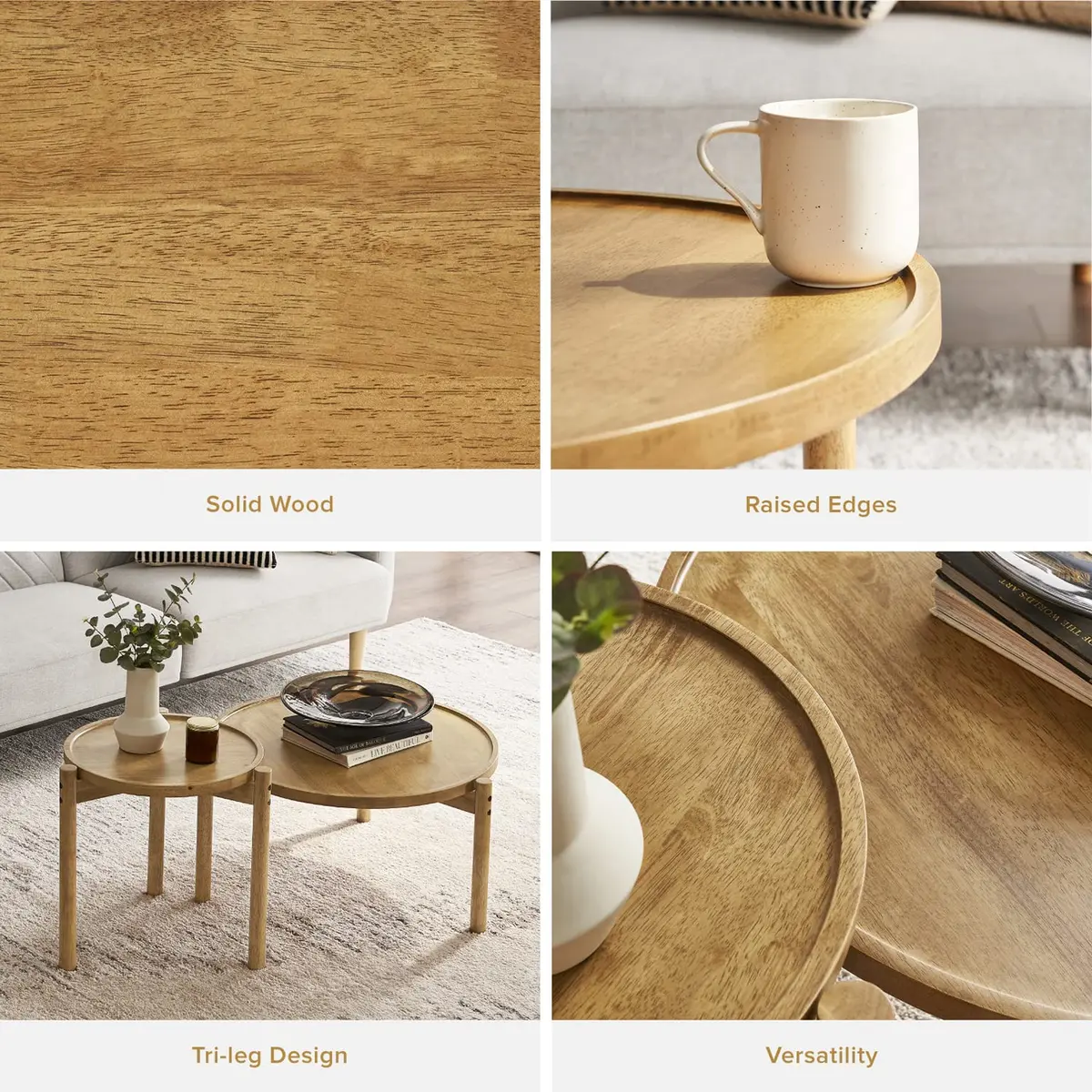 mopio Dylan Solid Wood Nesting Coffee Table Set (Mango Wood Oak, Round) | Modern Rustic Farmhouse Style - view 4