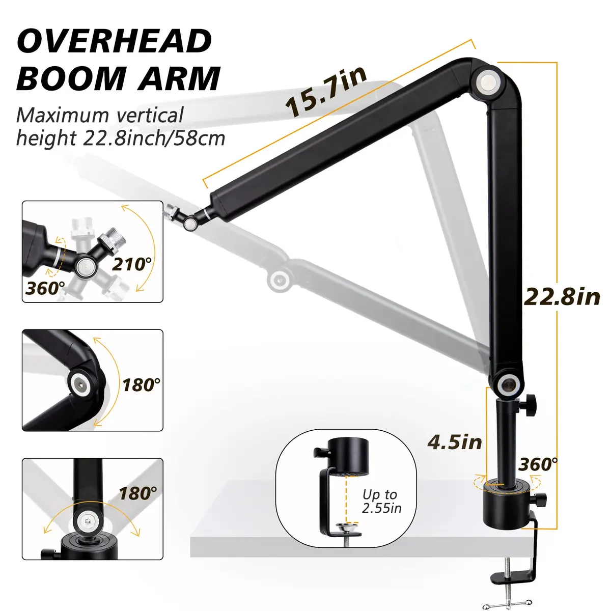 SUNMON Microphone Boom Arm for Blue Yeti | Adjustable Height, Heavy-Duty Metal Support (70-120c) - view 2