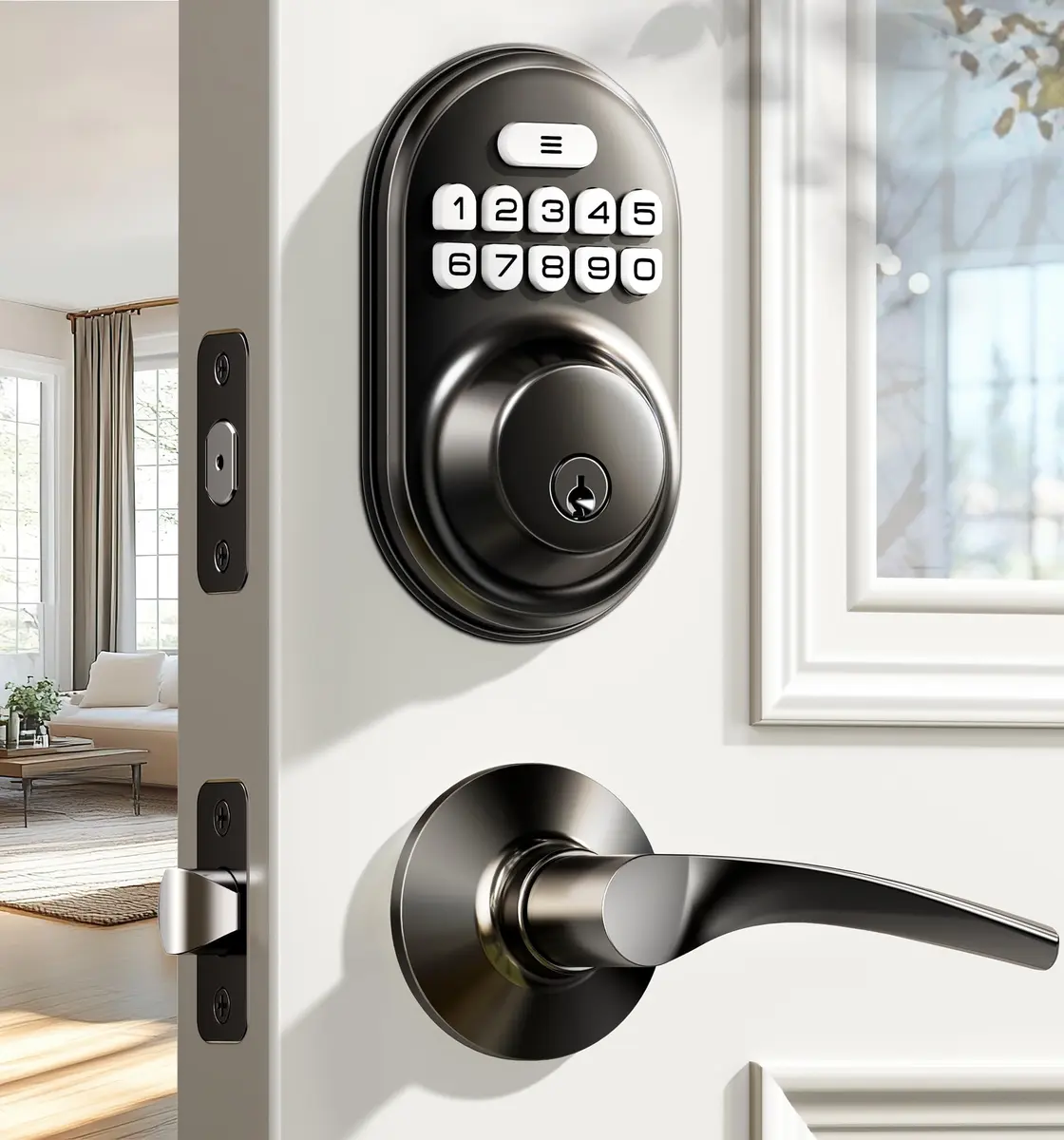 Veise RZ-C Keyless Entry Door Lock with 2 Lever Handles | Matte Black, Auto Lock & Anti-Peeping - main product image