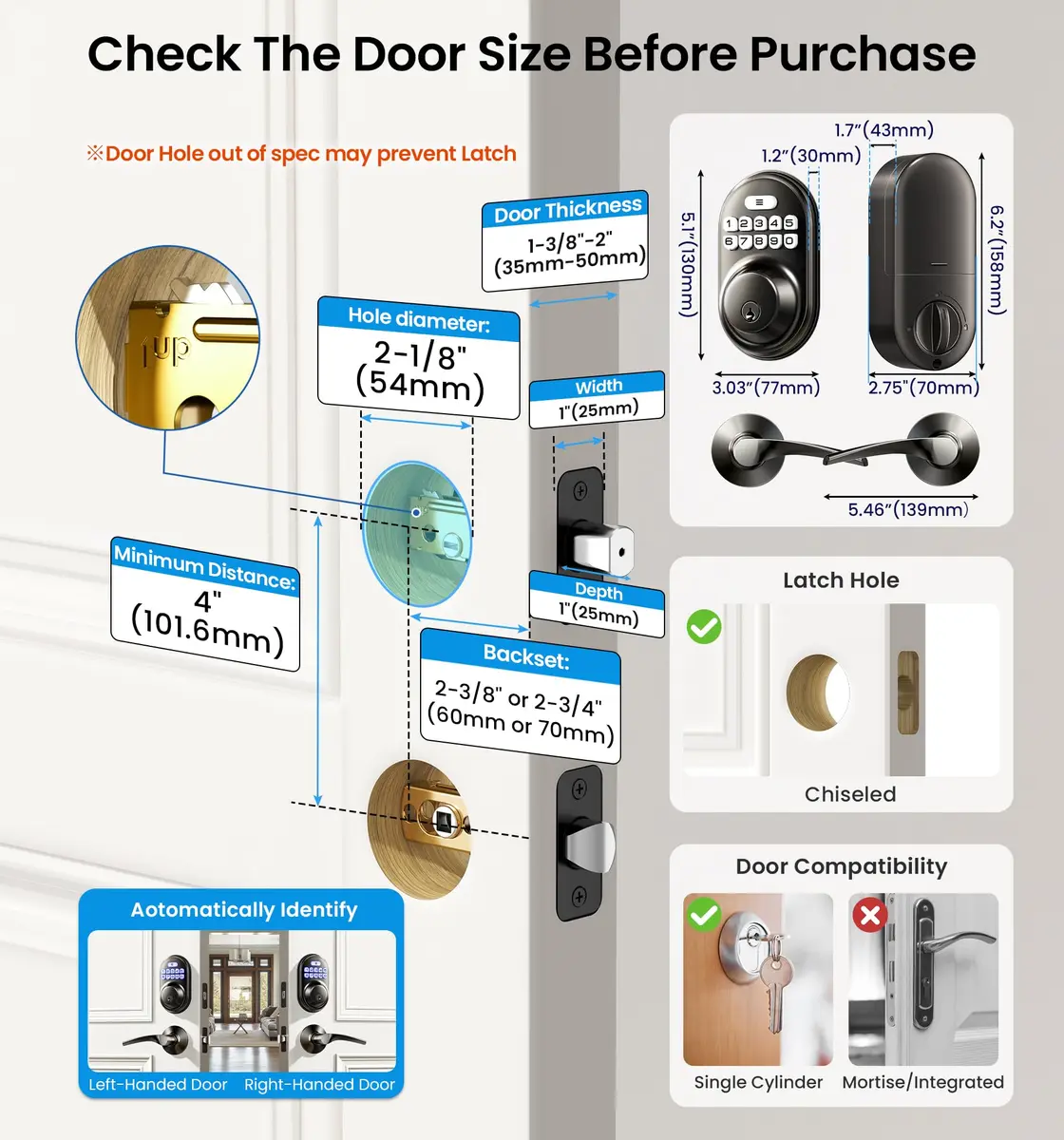 Veise RZ-C Keyless Entry Door Lock with 2 Lever Handles | Matte Black, Auto Lock & Anti-Peeping - view 6