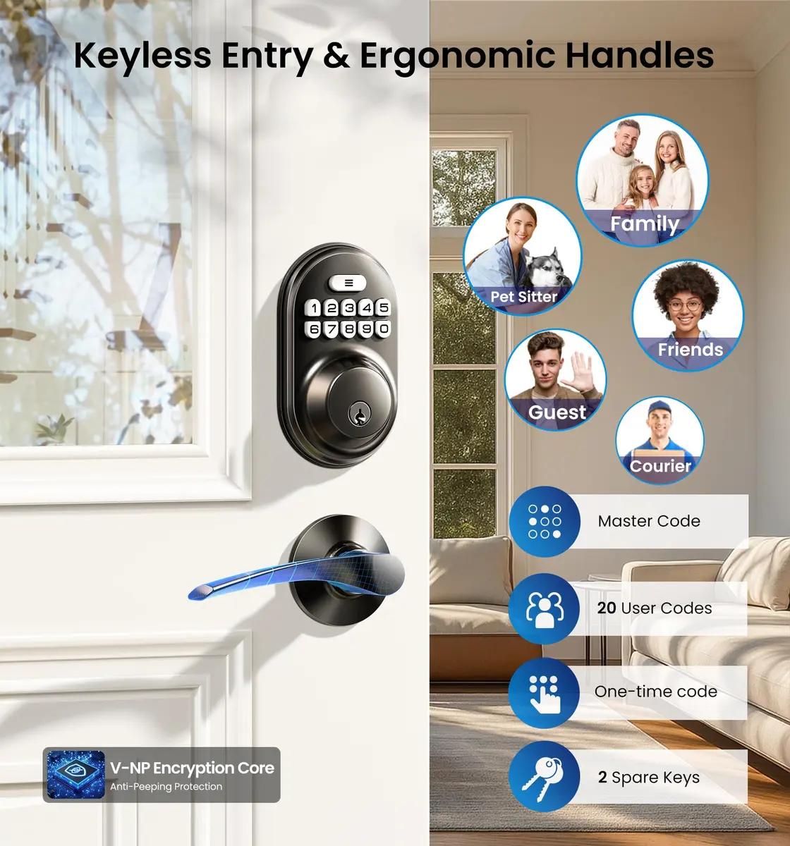 Veise RZ-C Keyless Entry Door Lock with 2 Lever Handles | Matte Black, Auto Lock & Anti-Peeping - view 2