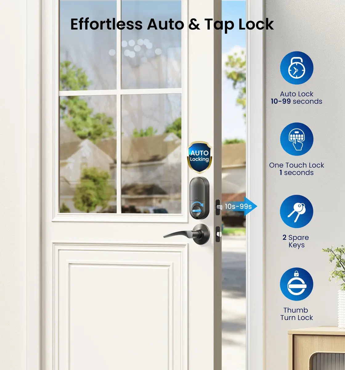 Veise RZ-C Keyless Entry Door Lock with 2 Lever Handles | Matte Black, Auto Lock & Anti-Peeping - view 3