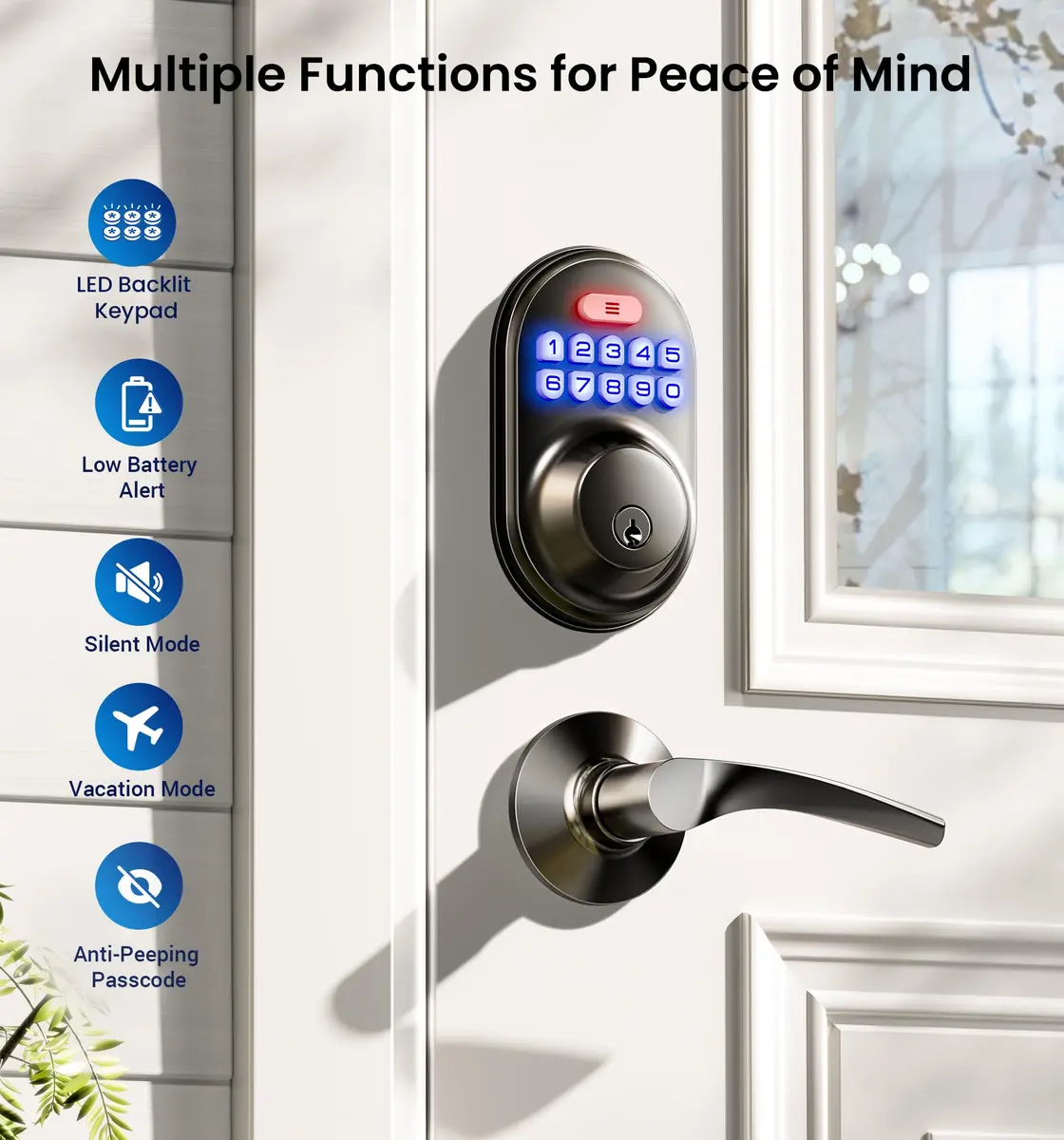Veise RZ-C Keyless Entry Door Lock with 2 Lever Handles | Matte Black, Auto Lock & Anti-Peeping - view 4
