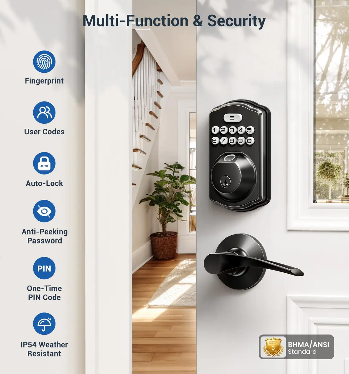 Veise KS02B Fingerprint Door Lock with 2 Lever Handles | Biometric, Keyless, Matte Black - view 4