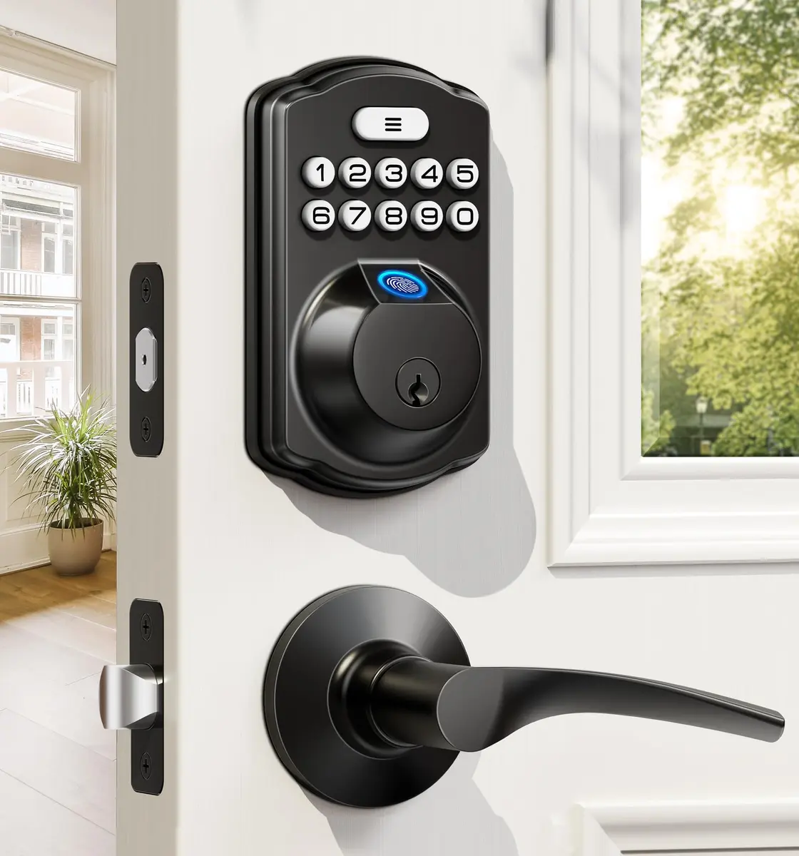Veise KS02B Fingerprint Door Lock with 2 Lever Handles | Biometric, Keyless, Matte Black - main product image