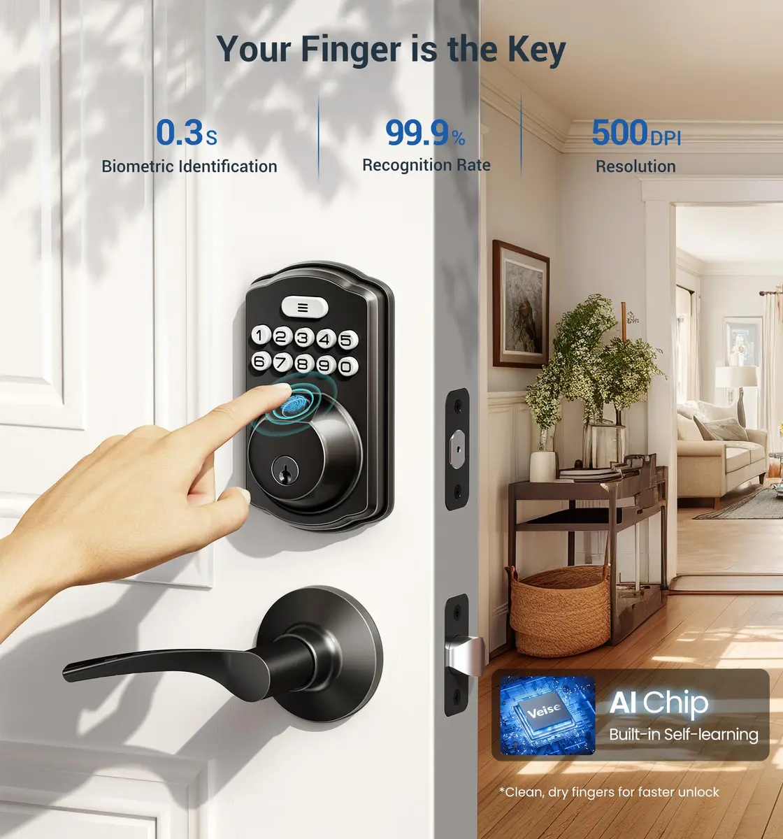 Veise KS02B Fingerprint Door Lock with 2 Lever Handles | Biometric, Keyless, Matte Black - view 2