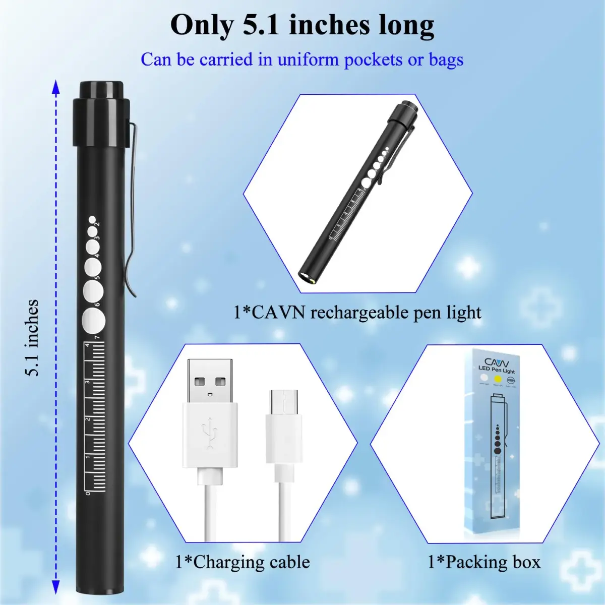 CAVN Rechargeable Pen Light with Pupil Gauge & Ruler | Black 10cm (3.9in) - view 6