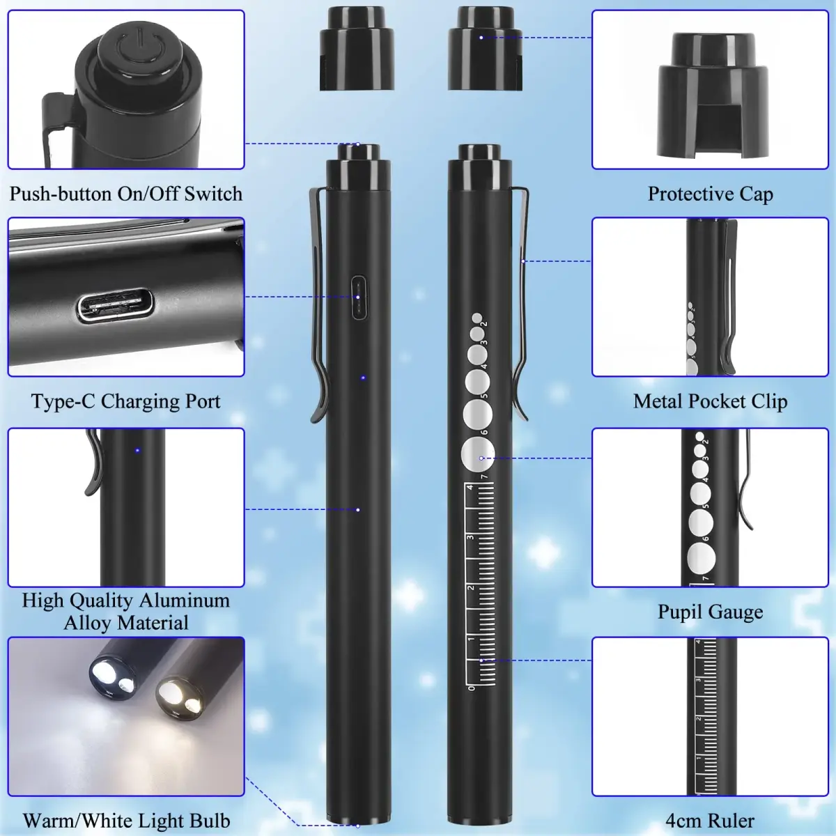 CAVN Rechargeable Pen Light with Pupil Gauge & Ruler | Black 10cm (3.9in) - view 2