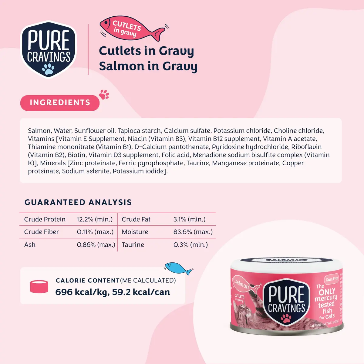 Pure Cravings Wet Cat Food Canned Salmon Cutlets in Gravy | Mercury-Tested, Grain-Free, Protein, Non-GMO (100% Mercury-Tested, Moist Can Fish for Cats) - view 7