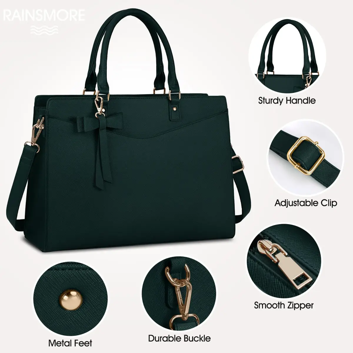RAINSMORE Dark Green Handbag for Women 15.6 Inch Laptop Tote Bag | Waterproof Business Work Briefcase - view 5