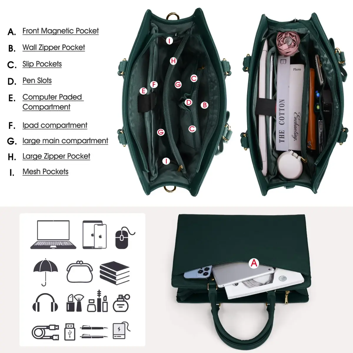 RAINSMORE Dark Green Handbag for Women 15.6 Inch Laptop Tote Bag | Waterproof Business Work Briefcase - view 6