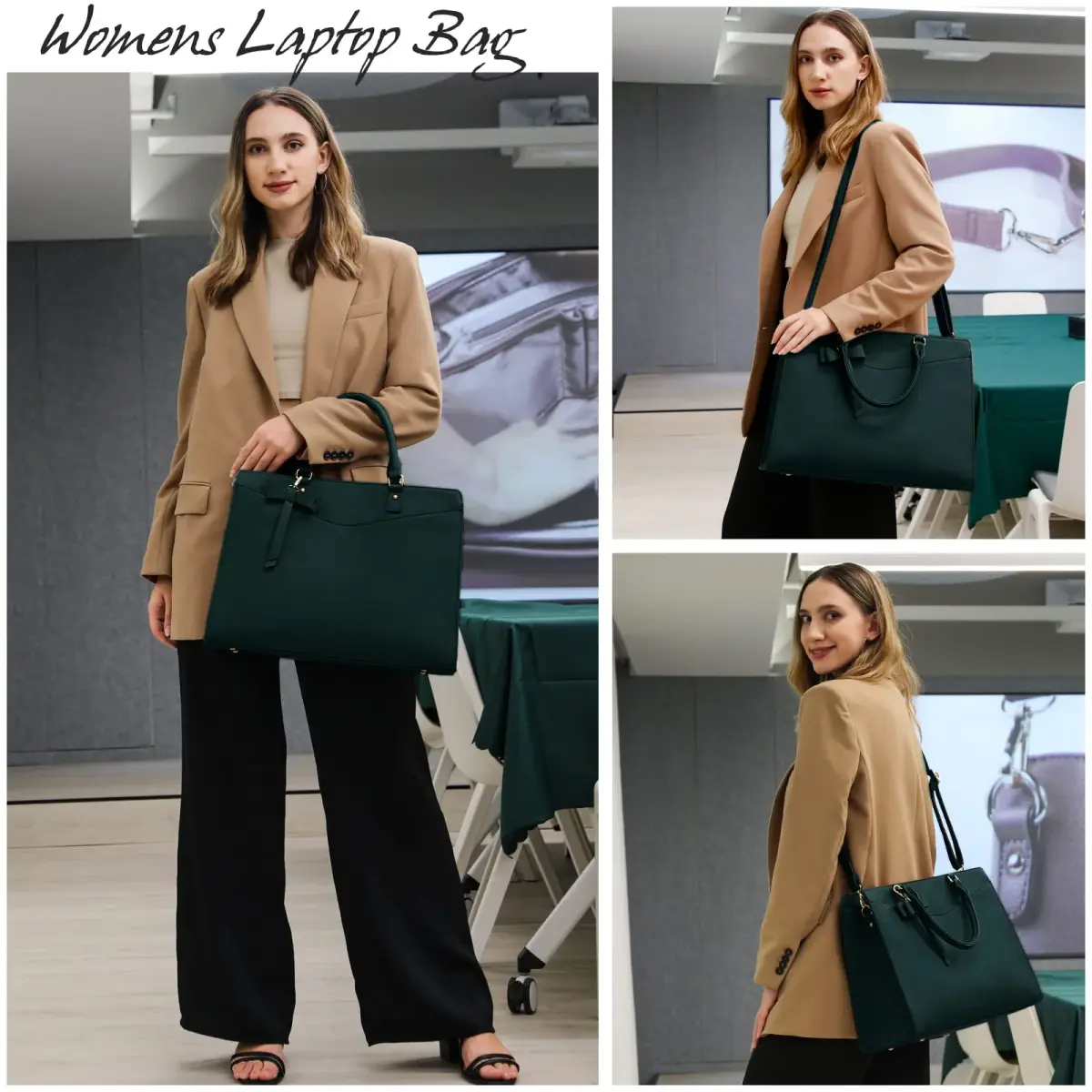 RAINSMORE Dark Green Handbag for Women 15.6 Inch Laptop Tote Bag | Waterproof Business Work Briefcase - view 2