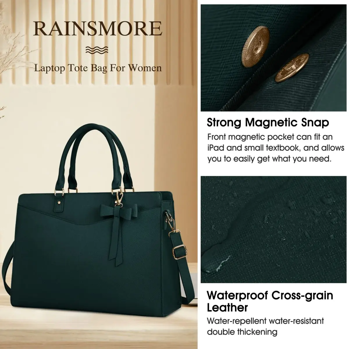 RAINSMORE Dark Green Handbag for Women 15.6 Inch Laptop Tote Bag | Waterproof Business Work Briefcase - view 4
