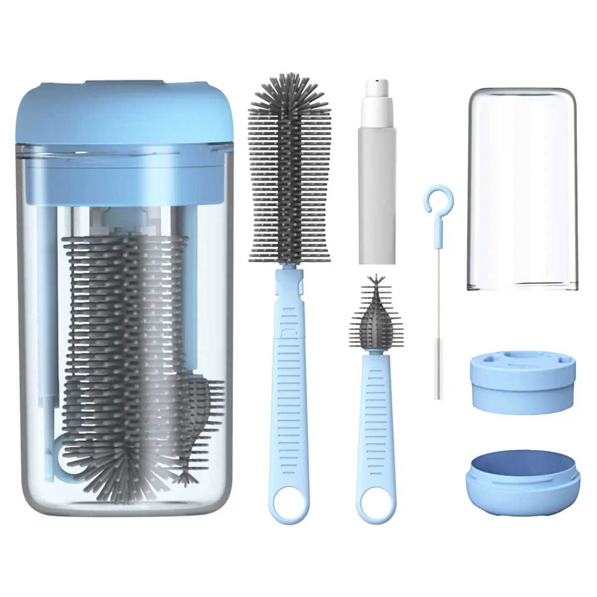 Augensterm Travel Bottle Cleaner Kit, Silicone Baby Bottle Brush Set with Extendable Handle, Drying Rack, Nipple & Straw Brushes, Soap Dispenser, Blue - main product image