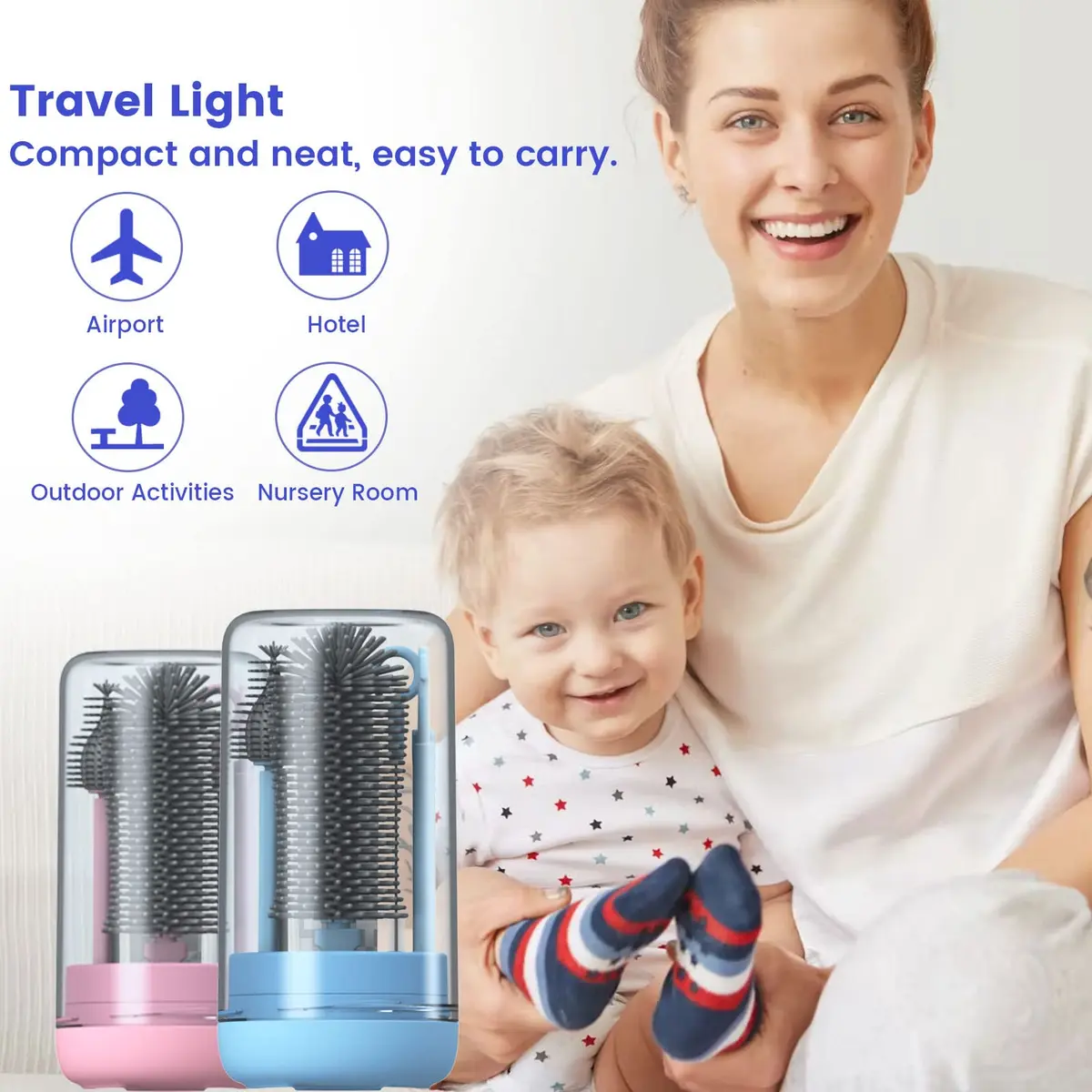 Augensterm Travel Bottle Cleaner Kit, Silicone Baby Bottle Brush Set with Extendable Handle, Drying Rack, Nipple & Straw Brushes, Soap Dispenser, Blue - view 6