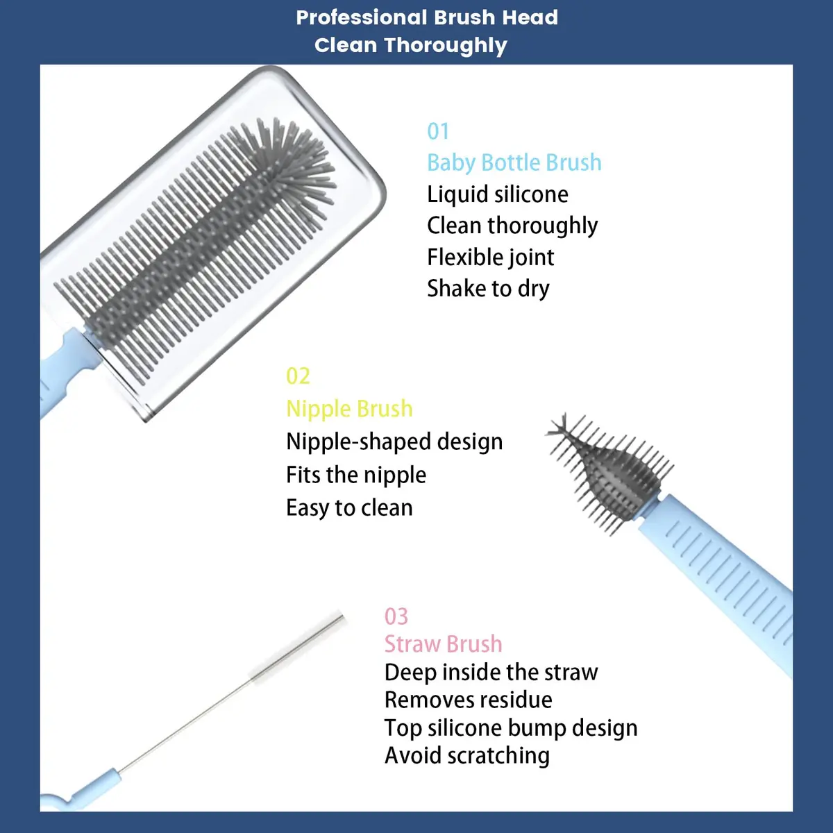 Augensterm Travel Bottle Cleaner Kit, Silicone Baby Bottle Brush Set with Extendable Handle, Drying Rack, Nipple & Straw Brushes, Soap Dispenser, Blue - view 3