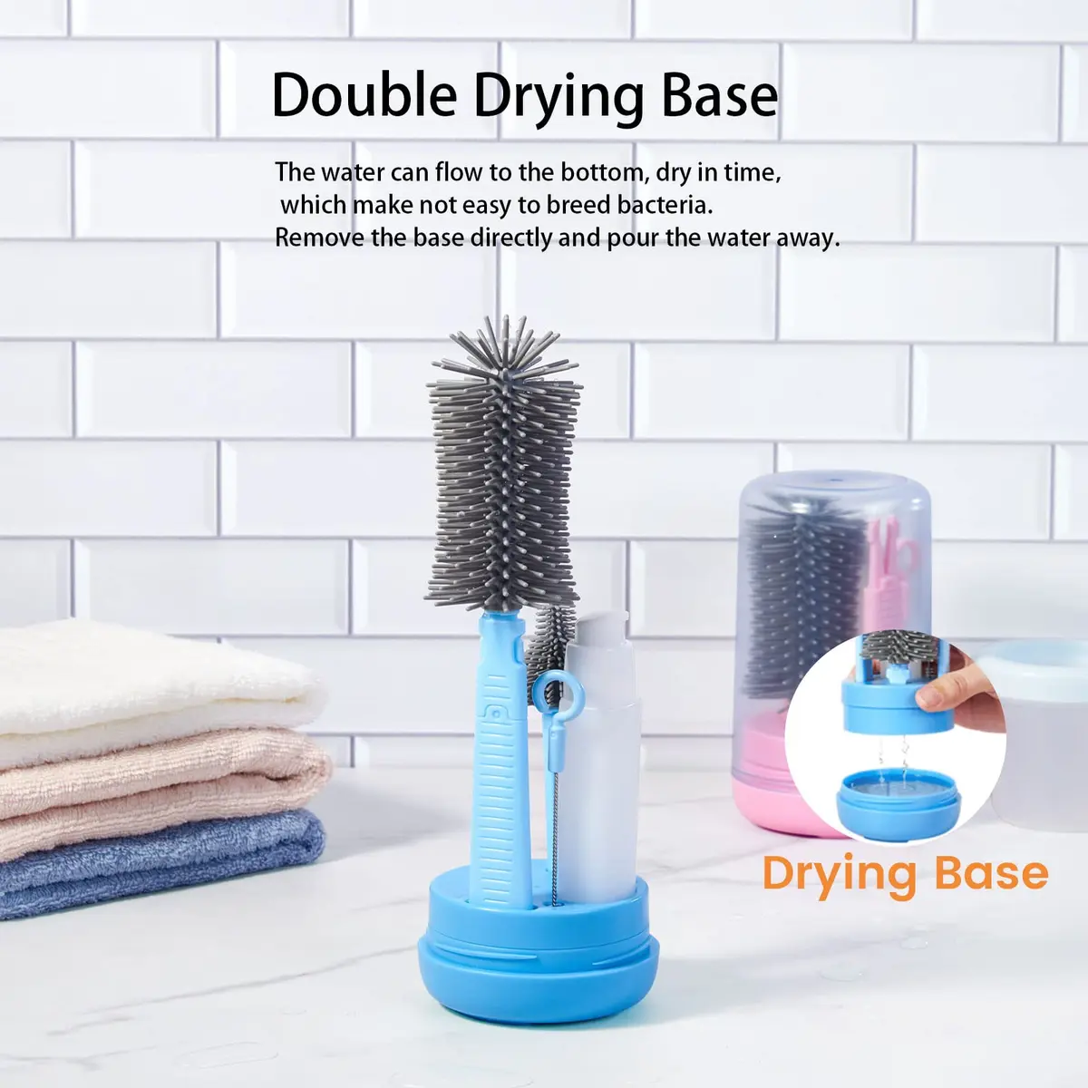 Augensterm Travel Bottle Cleaner Kit, Silicone Baby Bottle Brush Set with Extendable Handle, Drying Rack, Nipple & Straw Brushes, Soap Dispenser, Blue - view 4