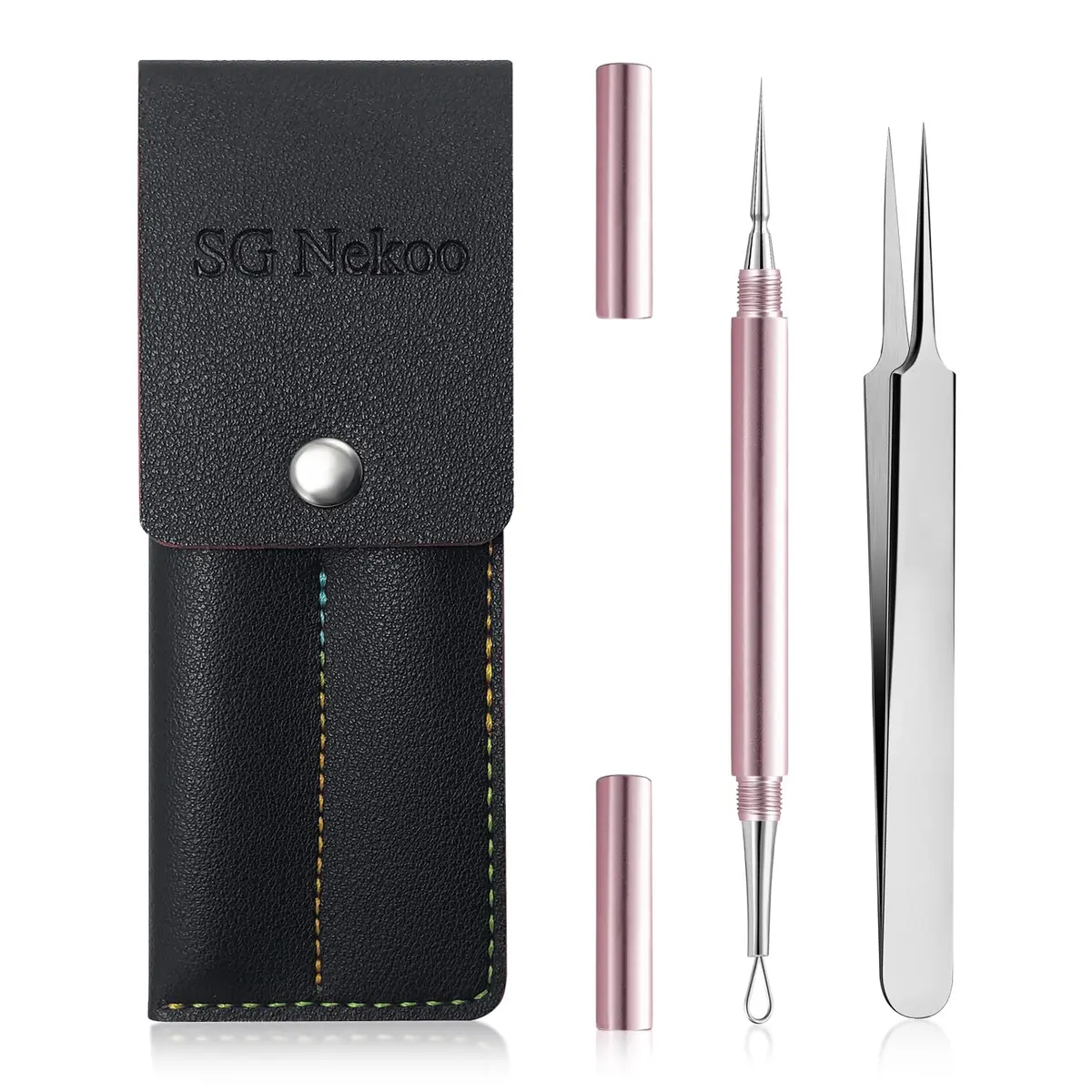 SG Nekoo Professional Milia & Whitehead Extractor Tool Kit with Tweezers | Stainless Pink (14cm Needle, 11.7cm Tweezers) - main product image