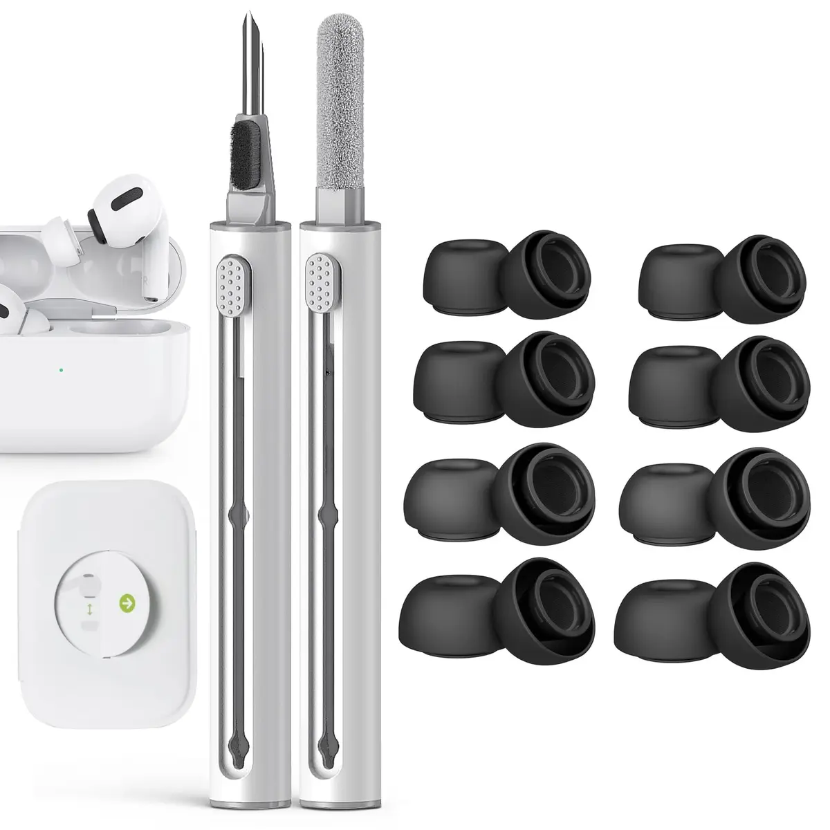 Pohgelan Replacement Ear Tips for AirPods Pro 2nd/1st Generation (XS/S/M/L, 8 Pairs Black) | Noise Reduction Holes & Dust Guard Screen - main product image