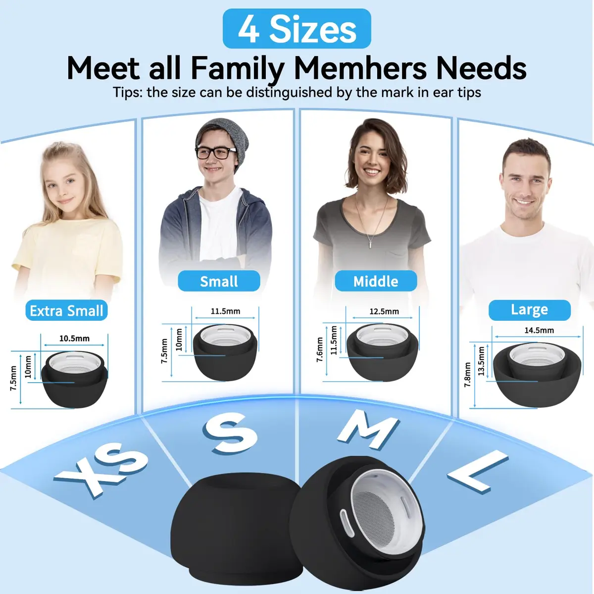 Pohgelan Replacement Ear Tips for AirPods Pro 2nd/1st Generation (XS/S/M/L, 8 Pairs Black) | Noise Reduction Holes & Dust Guard Screen - view 3