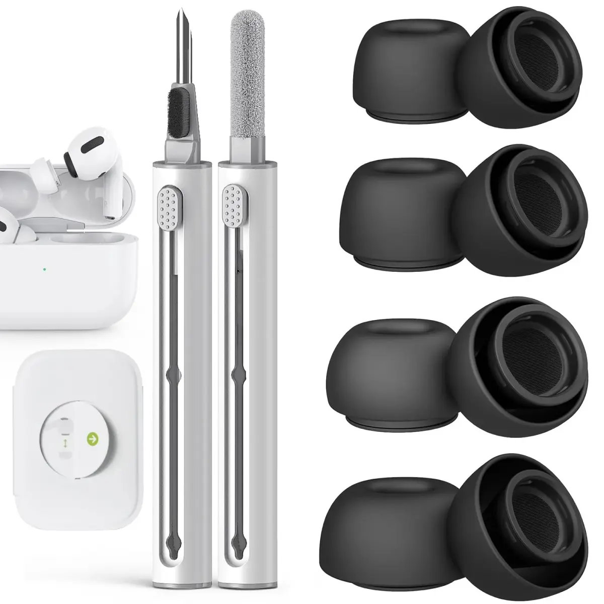 Pohgelan Replacement Ear Tips for AirPods Pro 2nd/1st Generation (XS/S/M/L, 8 Pairs Black) | Noise Reduction Holes & Dust Guard Screen - main product image