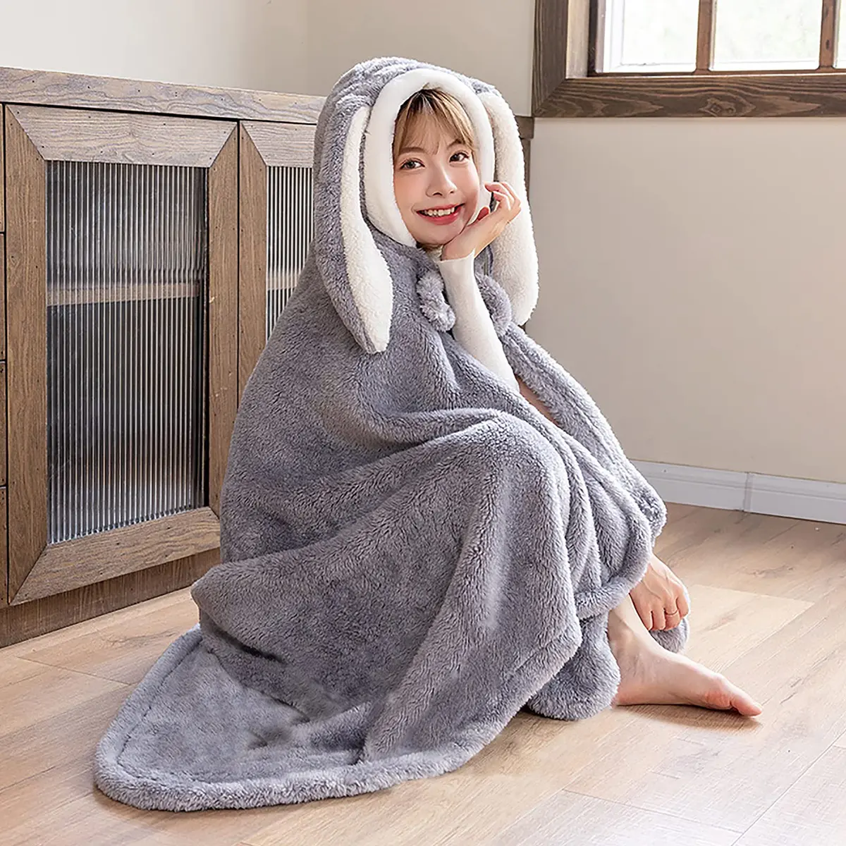 Holiberty Hooded Blanket Poncho 59x43 inch | Cozy Bunny Ears Winter Wear for Adults & Kids - view 5