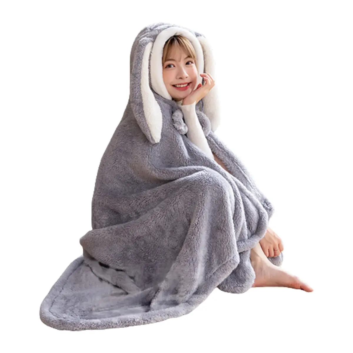 Holiberty Hooded Blanket Poncho 59x43 inch | Cozy Bunny Ears Winter Wear for Adults & Kids - view 2