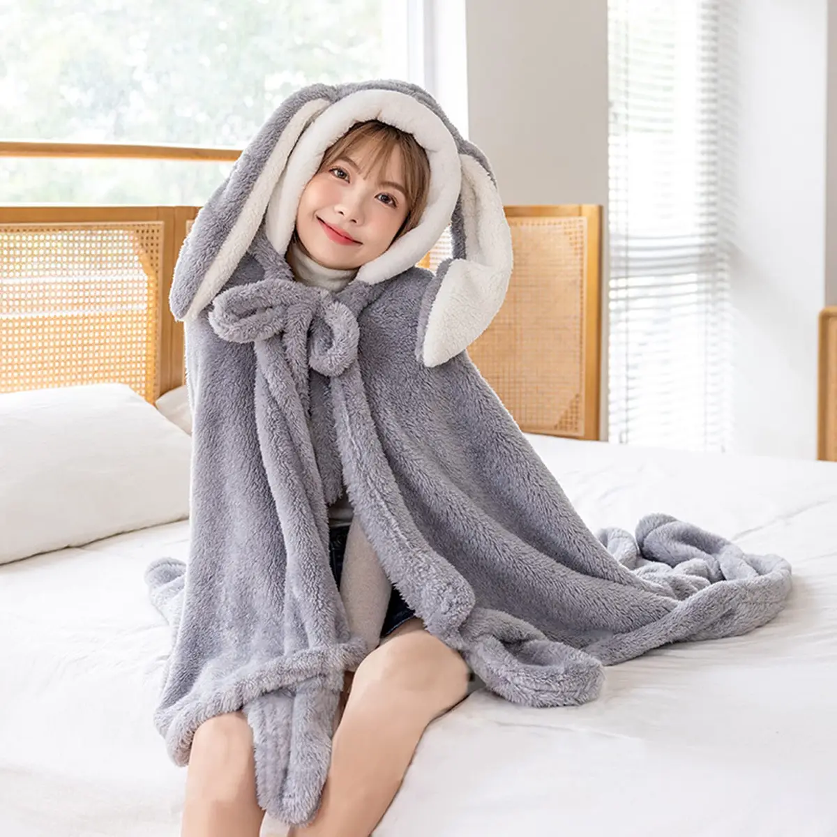 Holiberty Hooded Blanket Poncho 59x43 inch | Cozy Bunny Ears Winter Wear for Adults & Kids - view 3