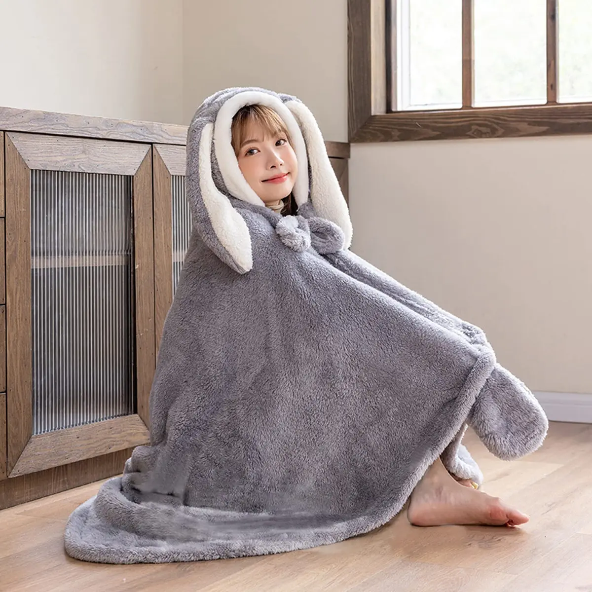 Holiberty Hooded Blanket Poncho 59x43 inch | Cozy Bunny Ears Winter Wear for Adults & Kids - view 4