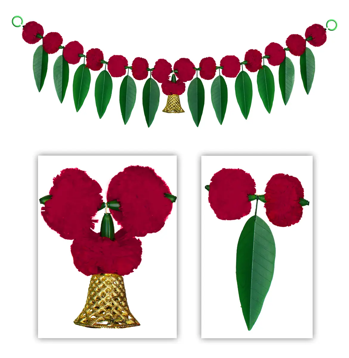 iHandikart Artificial Marigold Flowers with Mango Leaf Door Hanging Bandanwar 91cm (38x8 Inch) Pack of 8 | Traditional Indian Festival Decor - view 3