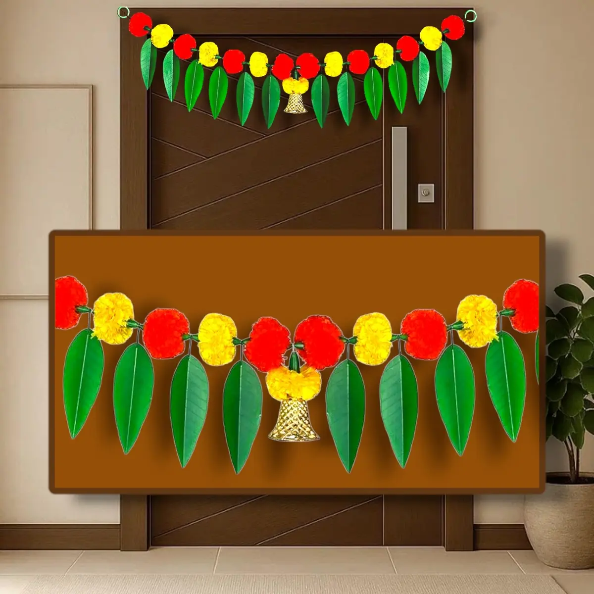 iHandikart Artificial Marigold Flowers with Mango Leaf Door Hanging Bandanwar 96cm (38 Inch) | Pack of 2 Yellow & Dark Orange - main product image