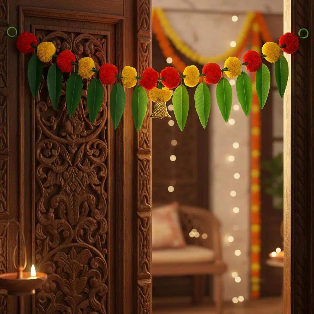 iHandikart Artificial Marigold Flowers with Mango Leaf Door Hanging Bandanwar 96cm (38 Inch) | Pack of 2 Yellow & Dark Orange - view 6