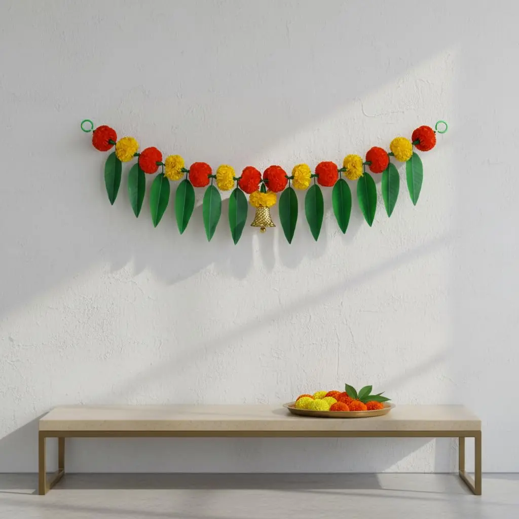 iHandikart Artificial Marigold Flowers with Mango Leaf Door Hanging Bandanwar 96cm (38 Inch) | Pack of 2 Yellow & Dark Orange - view 4