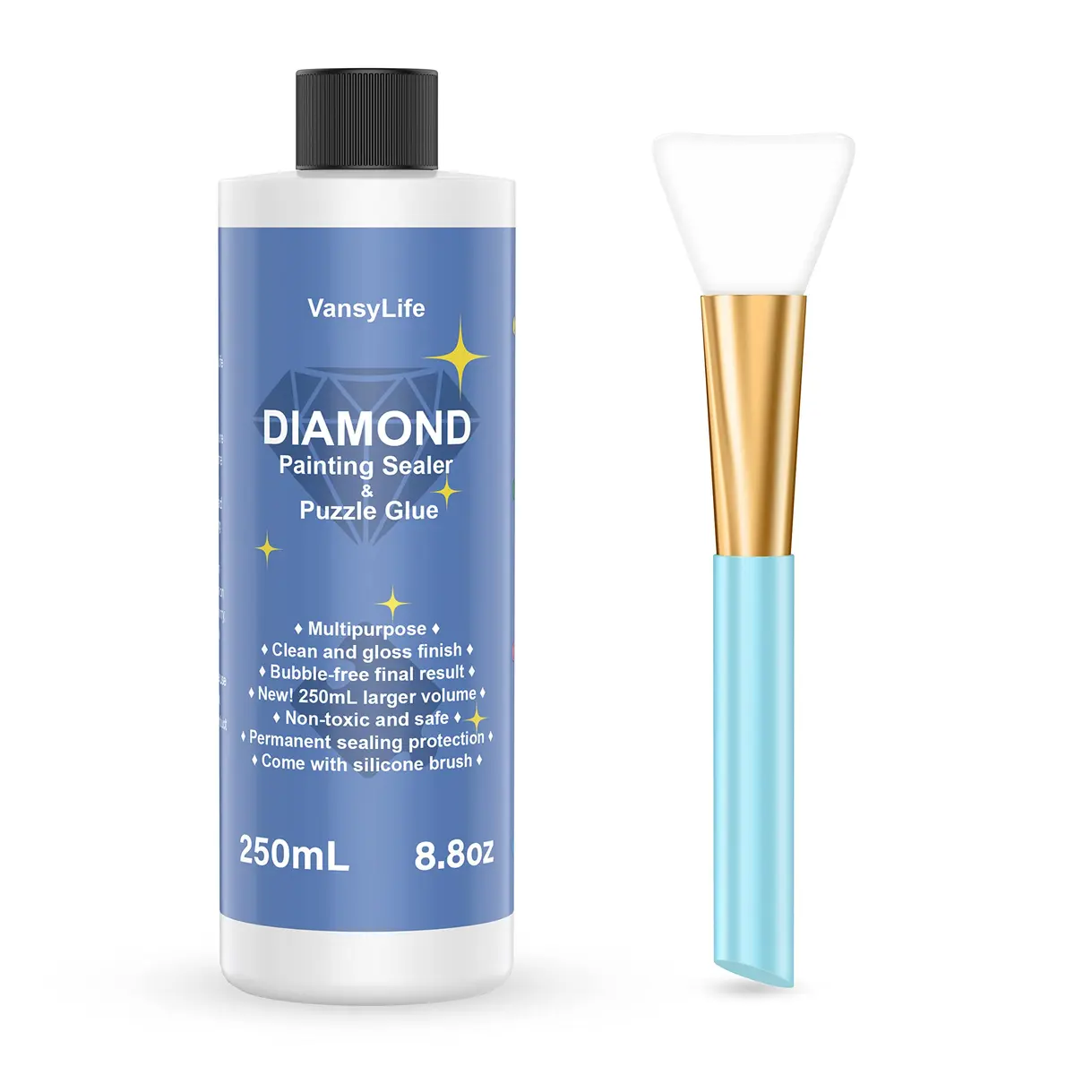 VansyLife Diamond Painting Sealer with Silicone Brush 250ml (8.8 Fl Oz) | Permanent Hold & Shine Effect - main product image