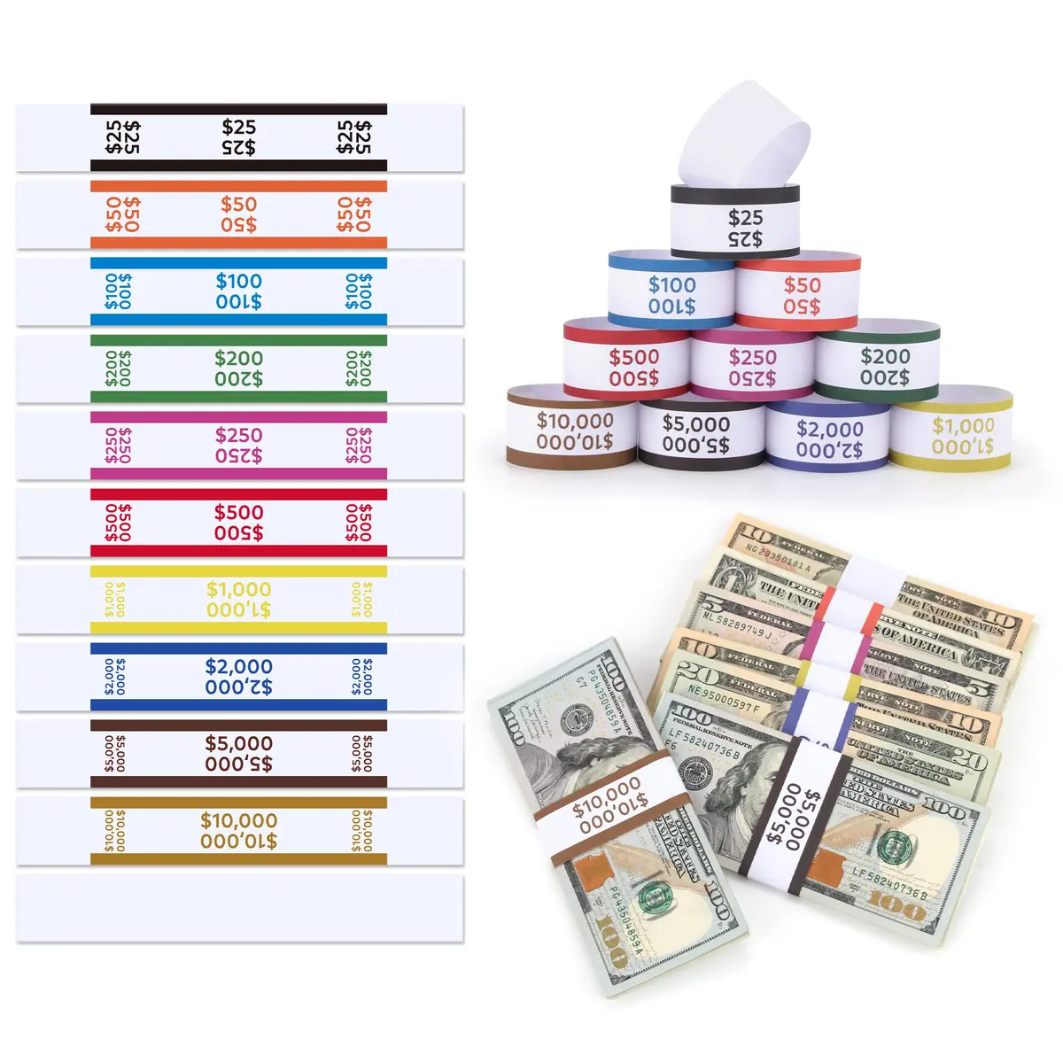 PONNOR 550 Pack Currency Bands for Cash | Self-Adhesive Money Wrappers for Bills, 11 Colors, 7.6 x 1.15 inches - main product image