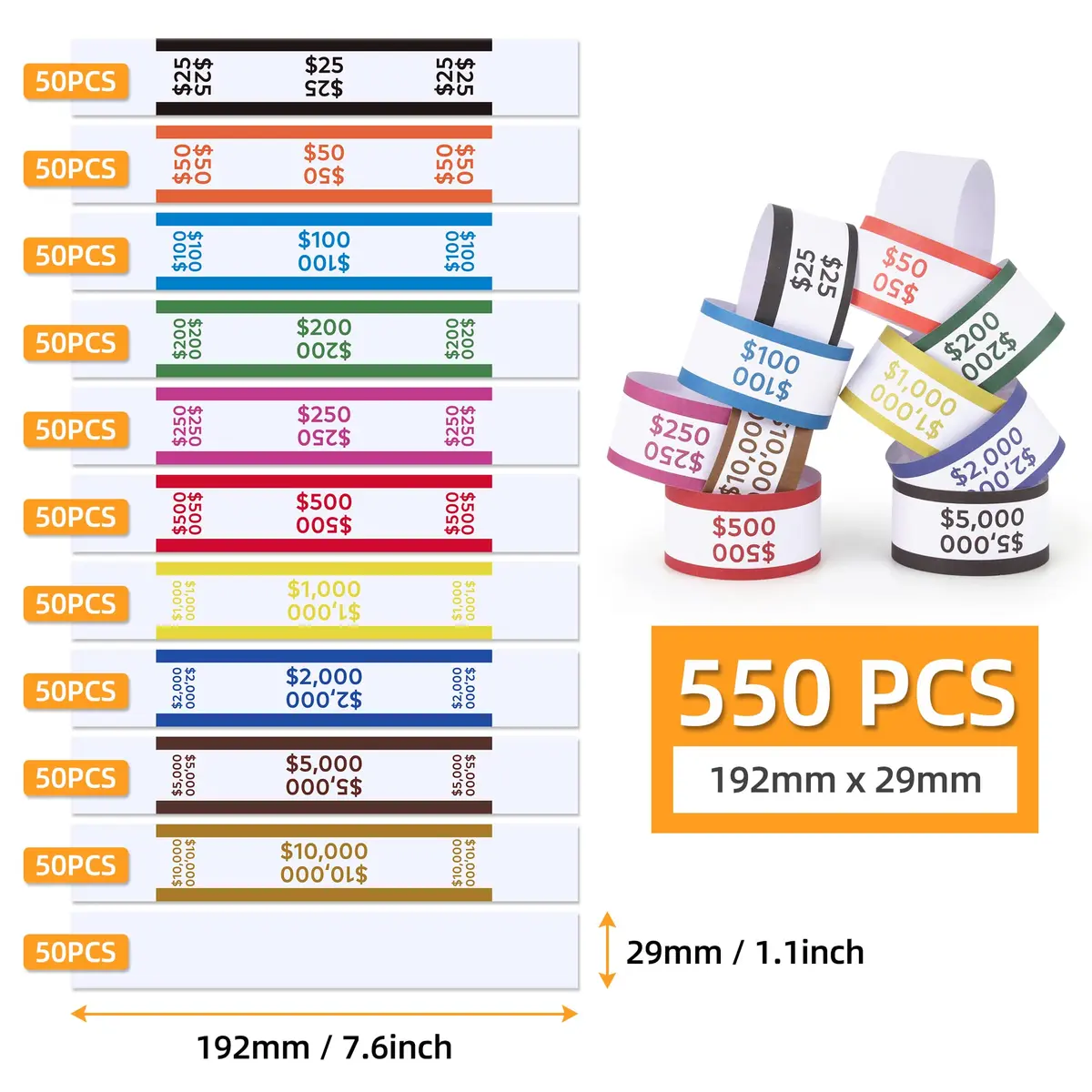 PONNOR 550 Pack Currency Bands for Cash | Self-Adhesive Money Wrappers for Bills, 11 Colors, 7.6 x 1.15 inches - view 2