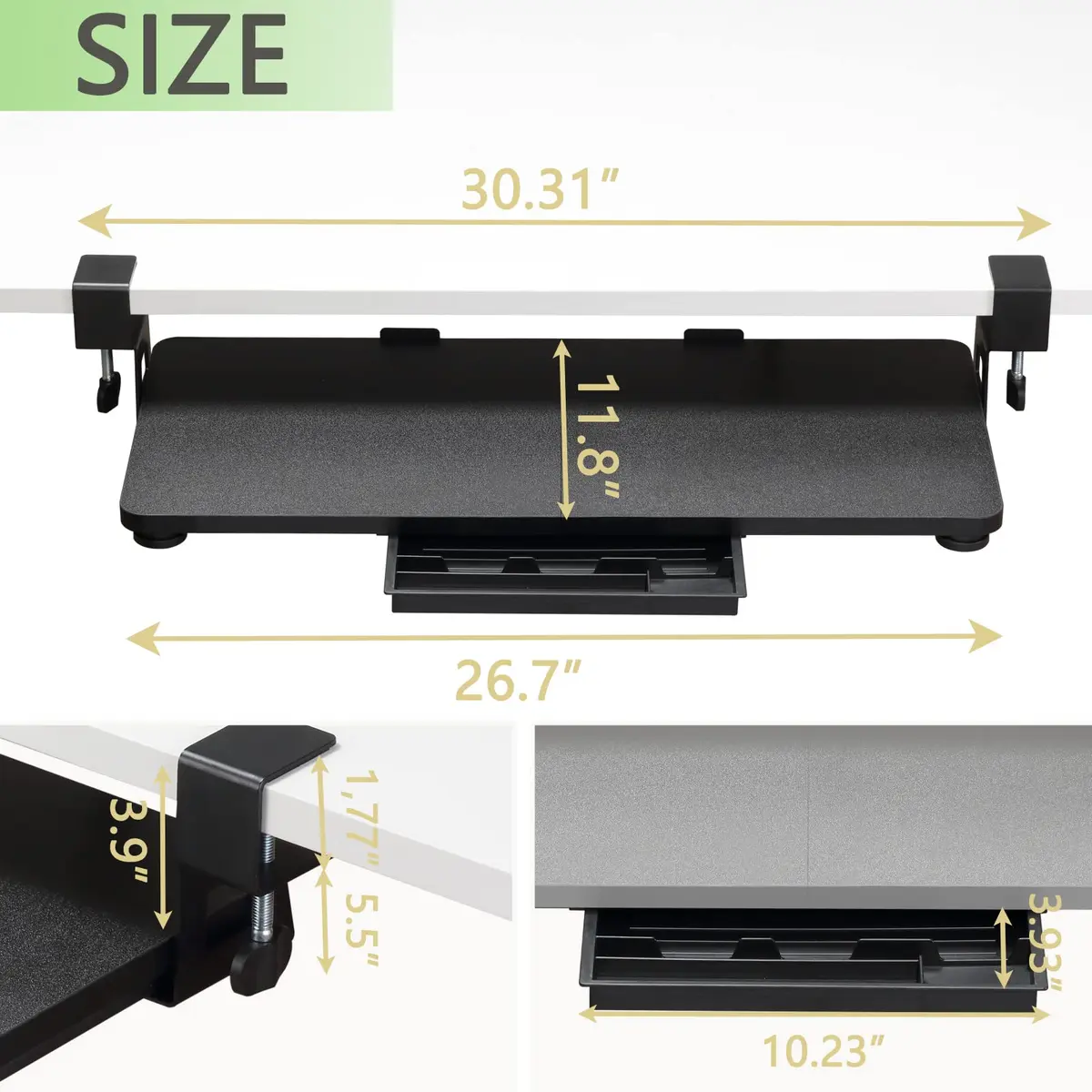 ETHU Under Desk Keyboard Tray with C-Clamp, 26.77x11.81" (68cm x 30cm) Black | Ergonomic Sliding Computer Keyboard Stand for Home and Office - view 5