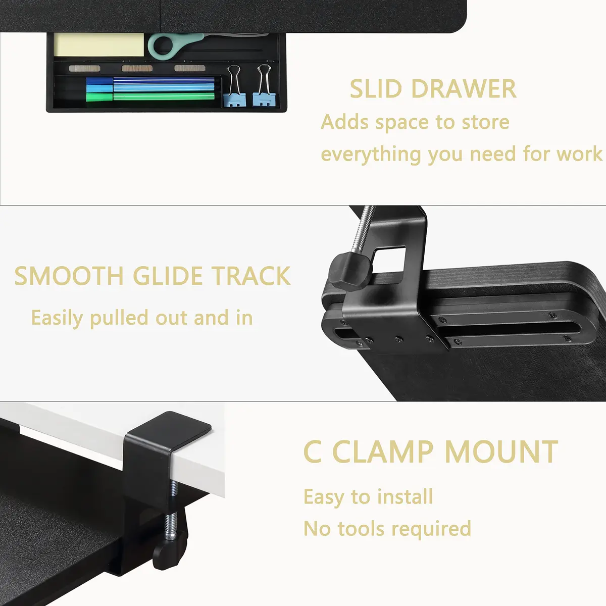 ETHU Under Desk Keyboard Tray with C-Clamp, 26.77x11.81" (68cm x 30cm) Black | Ergonomic Sliding Computer Keyboard Stand for Home and Office - view 3
