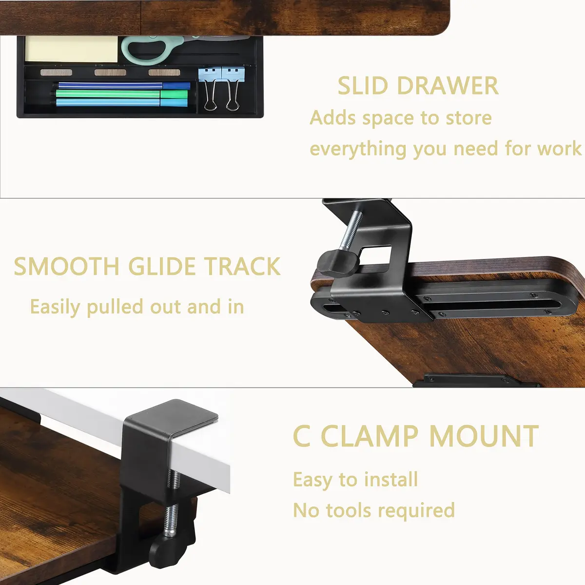 ETHU Under Desk Keyboard Tray with C-Clamp, 81.3cm x 30.5cm (26.77" x 11.81") | Ergonomic Sliding Computer Keyboard Drawer for Home & Office - view 5