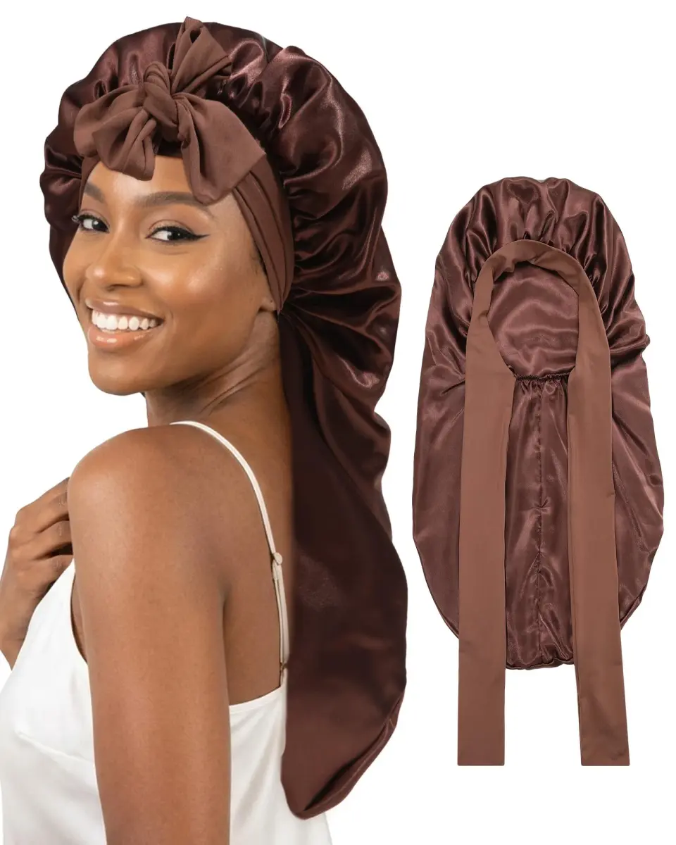 AWAYTR Long Brown Satin Bonnet for Braids - Double Layer with Straps for Sleeping - main product image