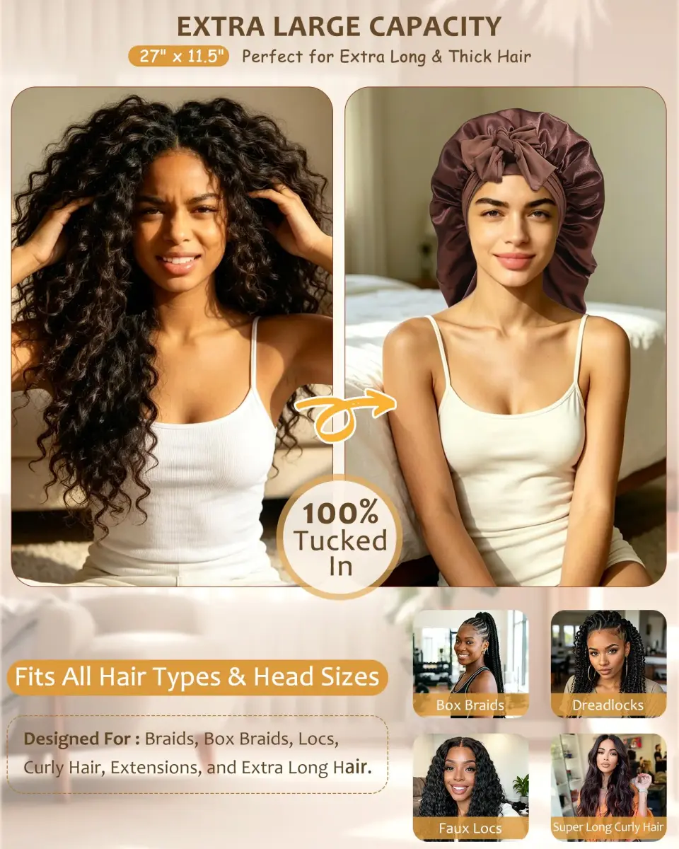 AWAYTR Long Brown Satin Bonnet for Braids - Double Layer with Straps for Sleeping - view 2