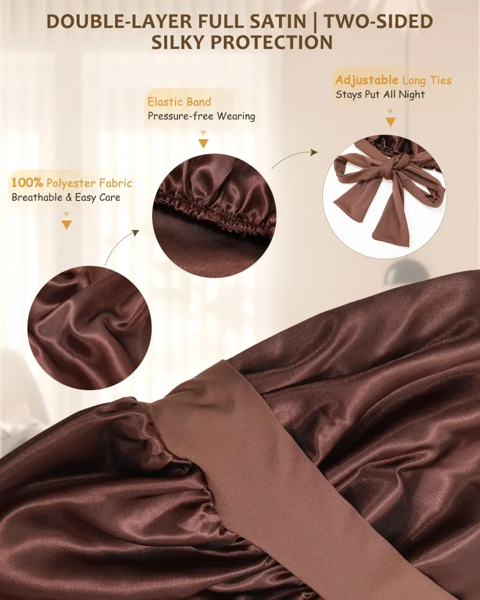 AWAYTR Long Brown Satin Bonnet for Braids - Double Layer with Straps for Sleeping - view 3
