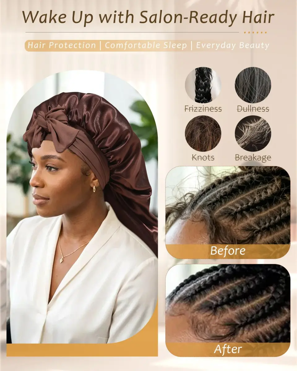 AWAYTR Long Brown Satin Bonnet for Braids - Double Layer with Straps for Sleeping - view 4